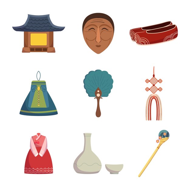 Colección de elementos tradicionales coreanos dibujados a mano