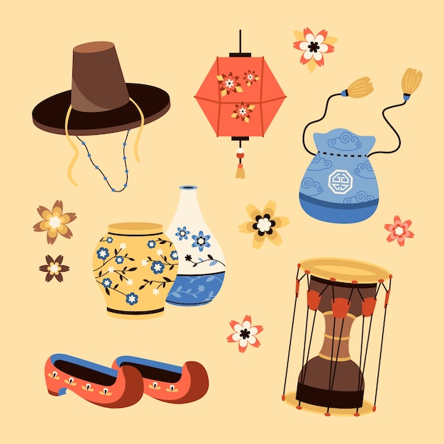 Colección de elementos tradicionales coreanos dibujados a mano