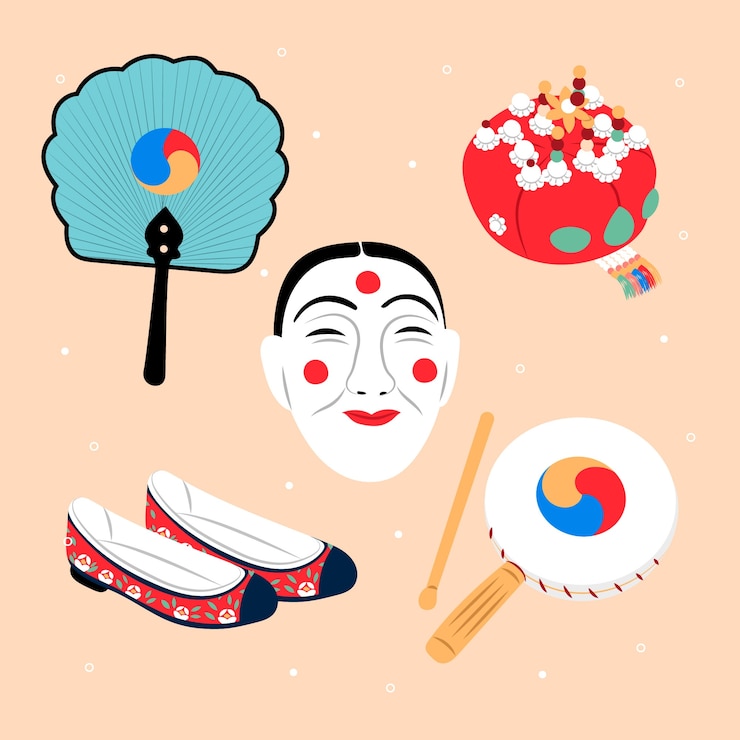 Vector gratuito colección de elementos tradicionales coreanos planos dibujados a mano
