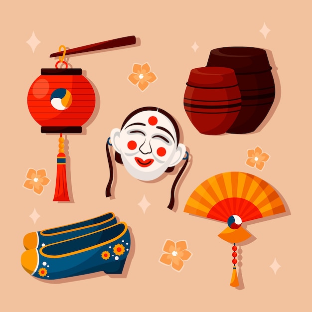 Colección de elementos tradicionales de la cultura coreana dibujados a mano