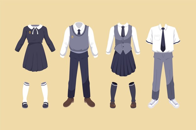 Colección de elementos de uniformes escolares dibujados a mano