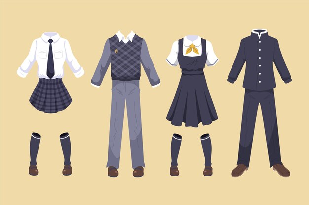 Colección de elementos de uniformes escolares dibujados a mano