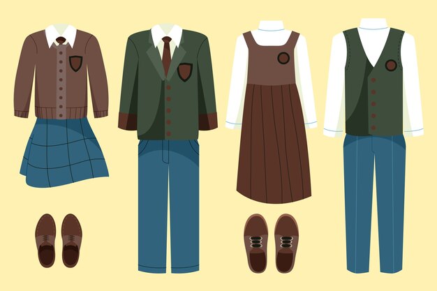 Colección de elementos de uniformes escolares dibujados a mano