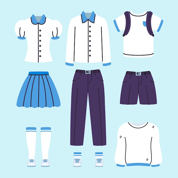 Colección de elementos de uniformes escolares dibujados a mano