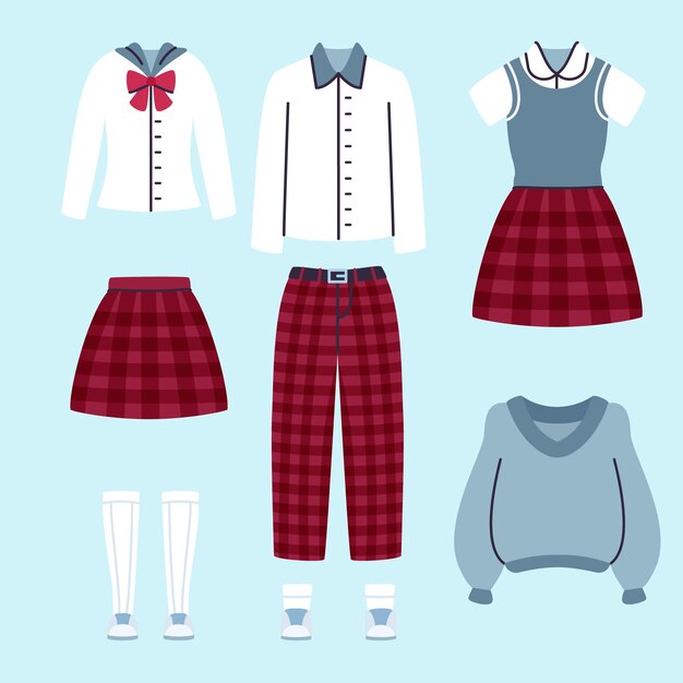 Colección de elementos de uniformes escolares dibujados a mano