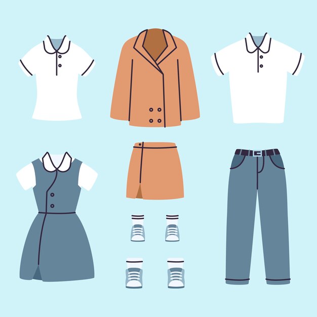 Colección de elementos de uniformes escolares dibujados a mano