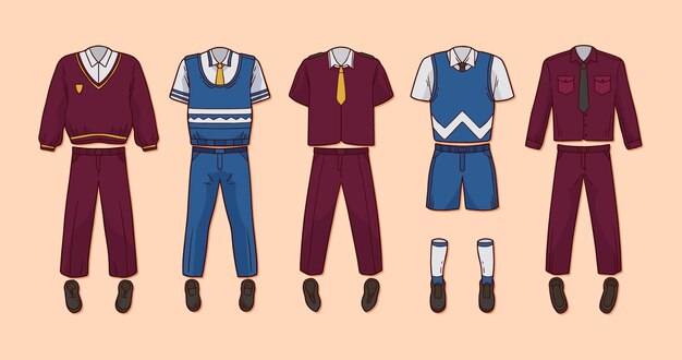 Colección de elementos de uniformes escolares dibujados a mano