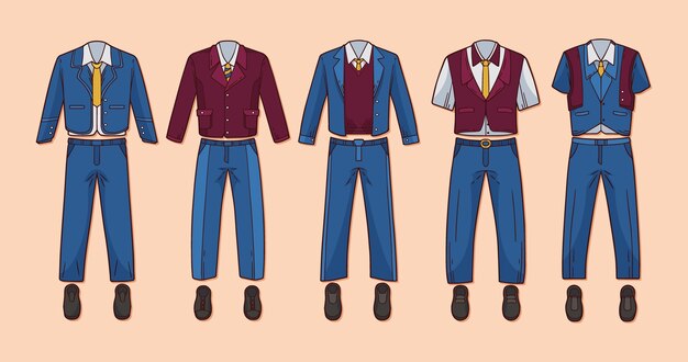 Colección de elementos de uniformes escolares dibujados a mano