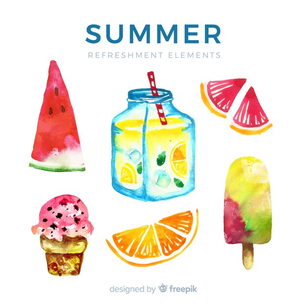 Colección de elementos de verano de acuarela