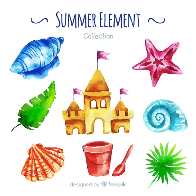 Colección de elementos de verano de acuarela