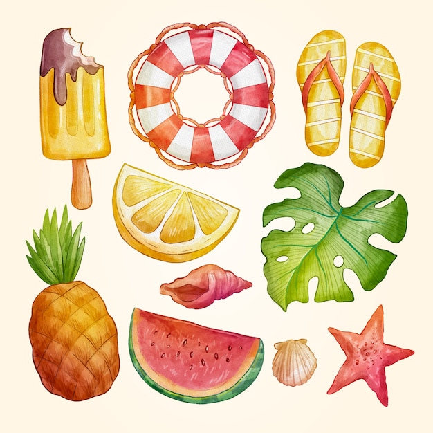 Colección de elementos de verano en acuarela