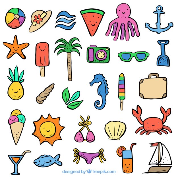 Colección de elementos de verano dibujados a mano 