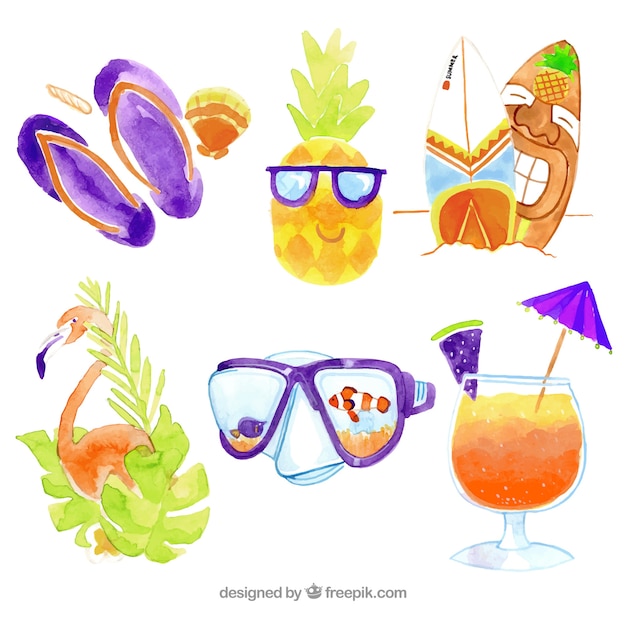 Vector gratuito colección de elementos de verano en estilo acuarela