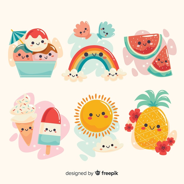 Vector gratuito colección elementos de verano kawaii