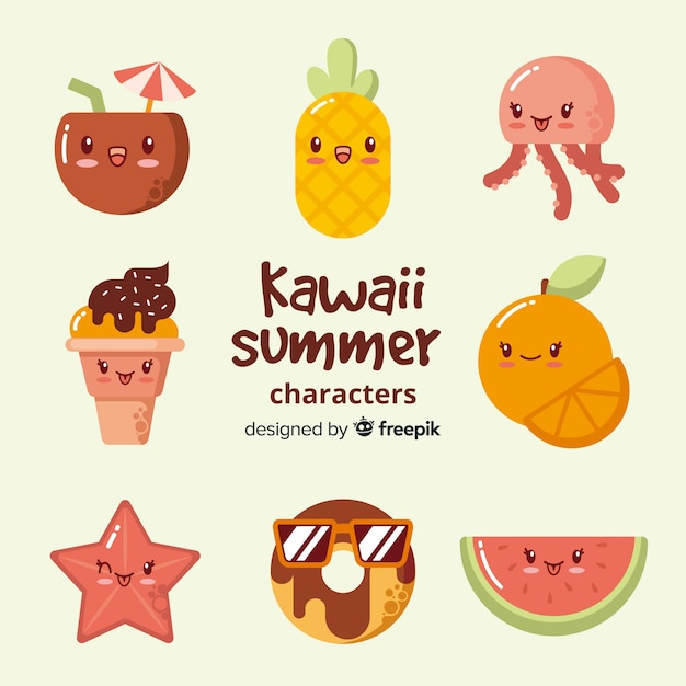 Colección elementos de verano plana kawaii