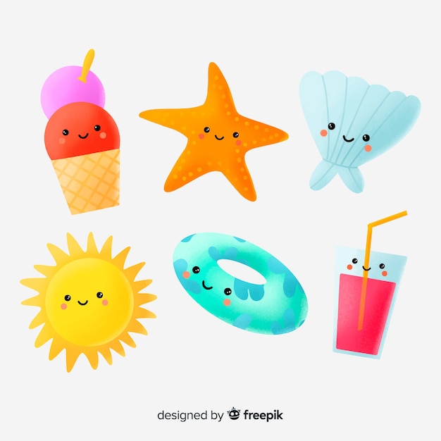 Vector gratuito colección elementos de verano plana kawaii