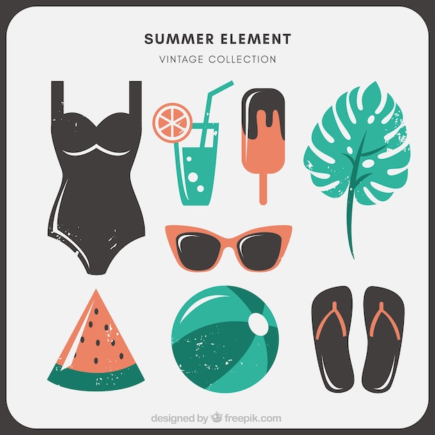 Vector gratuito colección de elementos de verano con ropa y comida en estilo vintage