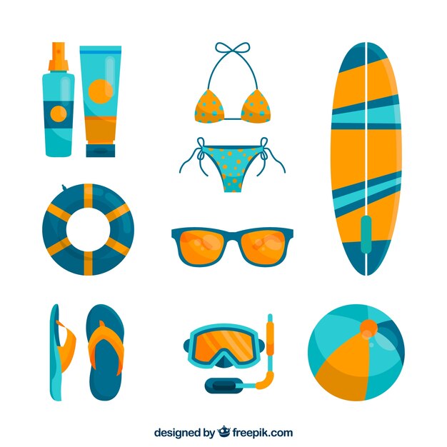 Colección de elementos de verano con ropa en estilo plano