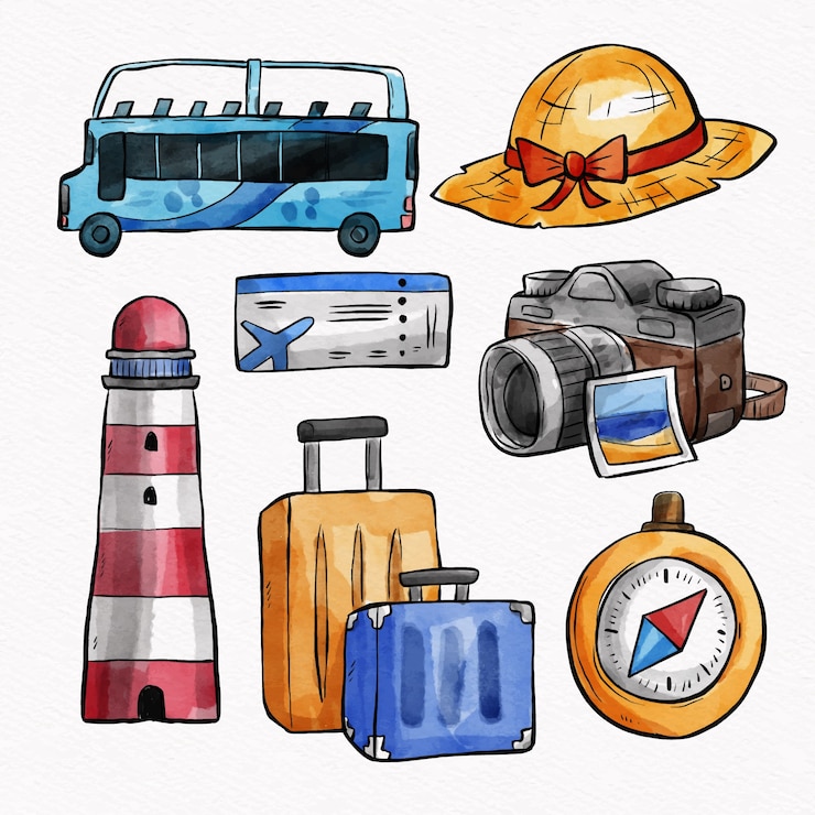 Vector gratuito colección de elementos de viaje en acuarela