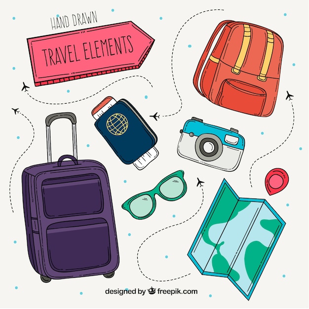 Colección de elementos de viaje dibujados a mano 