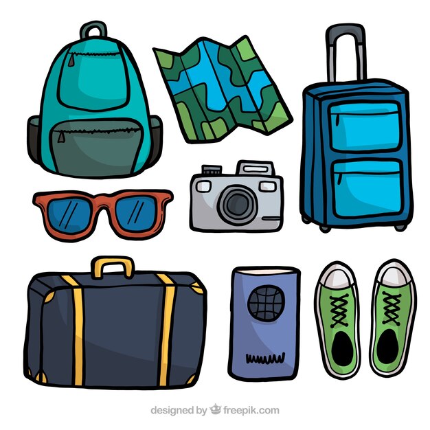 Colección de elementos de viaje dibujados a mano