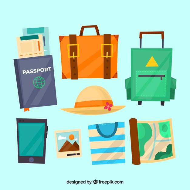 Colección de elementos de viaje con diseño plano