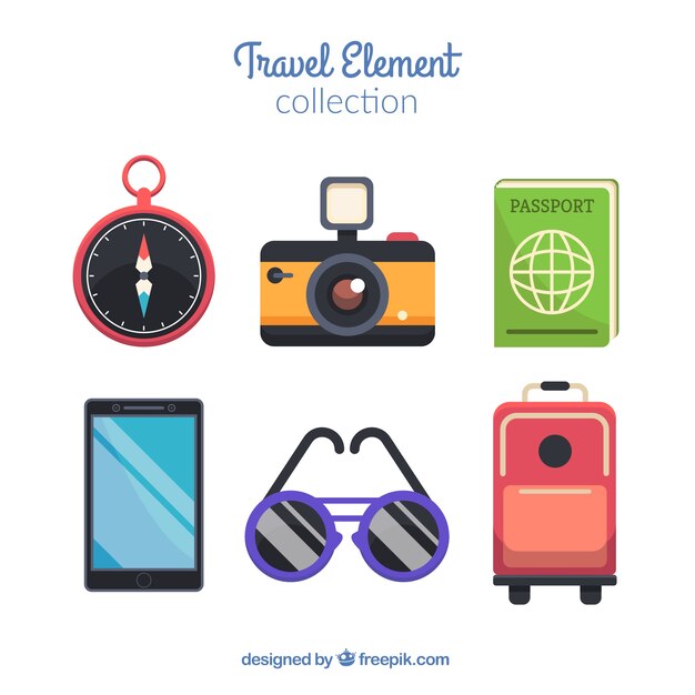 Vector gratuito colección de elementos de viaje con diseño plano