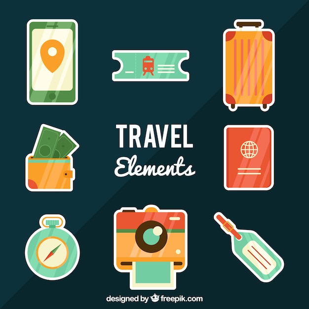 Vector gratuito colección de elementos de viaje con diseño plano