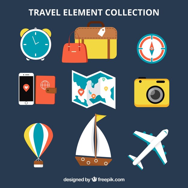 Colección de elementos de viaje con diseño plano