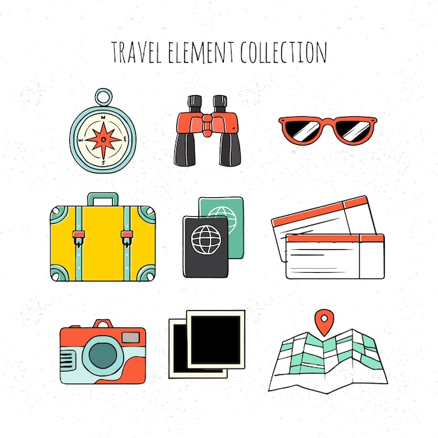 Colección de elementos de viaje en estilo dibujado a mano