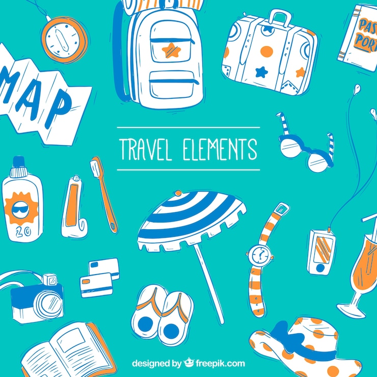 Vector gratuito colección de elementos de viaje en estilo dibujado a mano