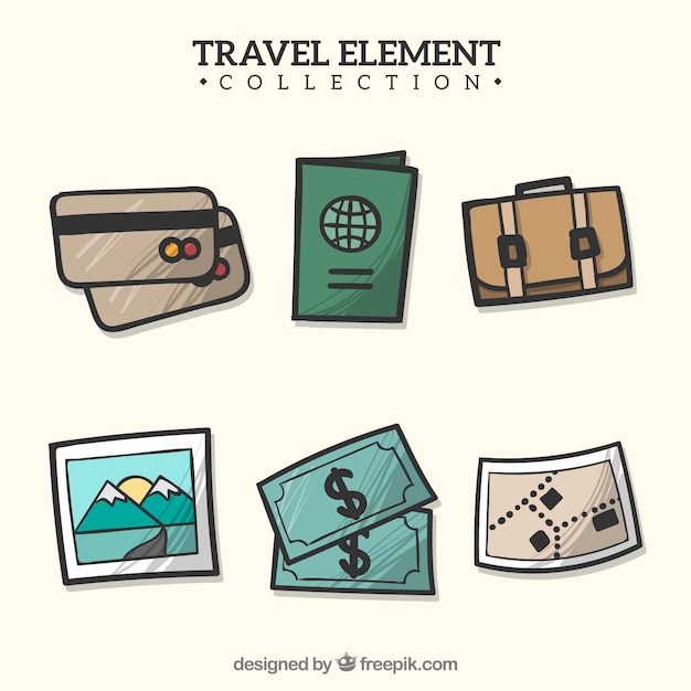 Colección de elementos de viaje en estilo dibujado a mano