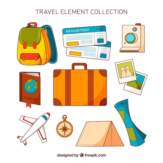 Colección de elementos de viaje en estilo dibujado a mano