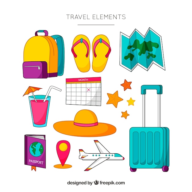 Colección de elementos de viaje en estilo dibujado a mano