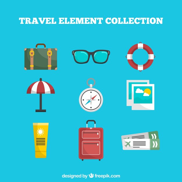 Colección de elementos de viaje en estilo plano