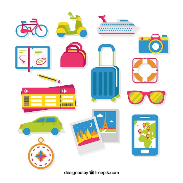 Colección de elementos de viaje en estilo plano