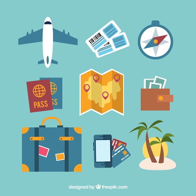 Colección de elementos de viaje en estilo plano