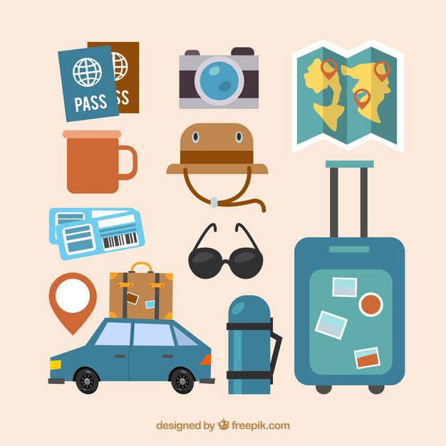 Colección de elementos de viaje en estilo plano