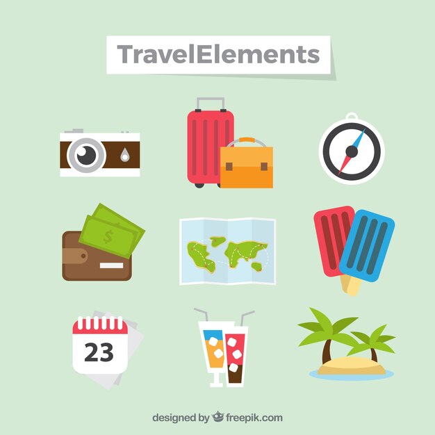 Colección de elementos de viaje en estilo plano