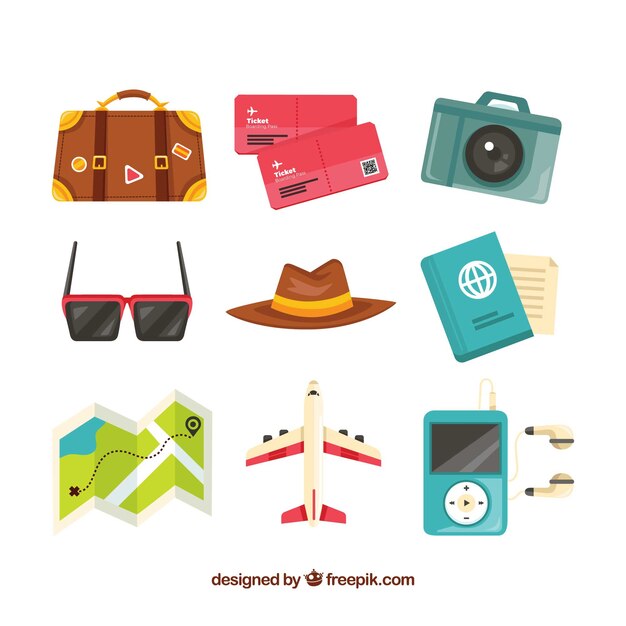 Colección de elementos de viaje en estilo plano