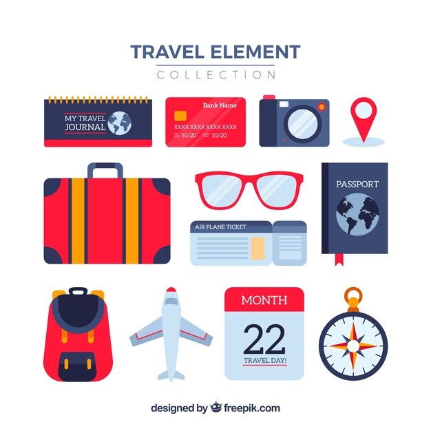 Colección de elementos de viaje en estilo plano