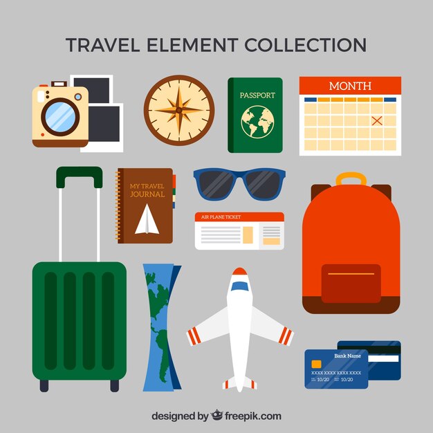 Colección de elementos de viaje en estilo plano