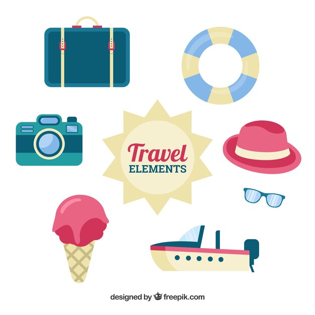 Colección de elementos de viaje en estilo plano