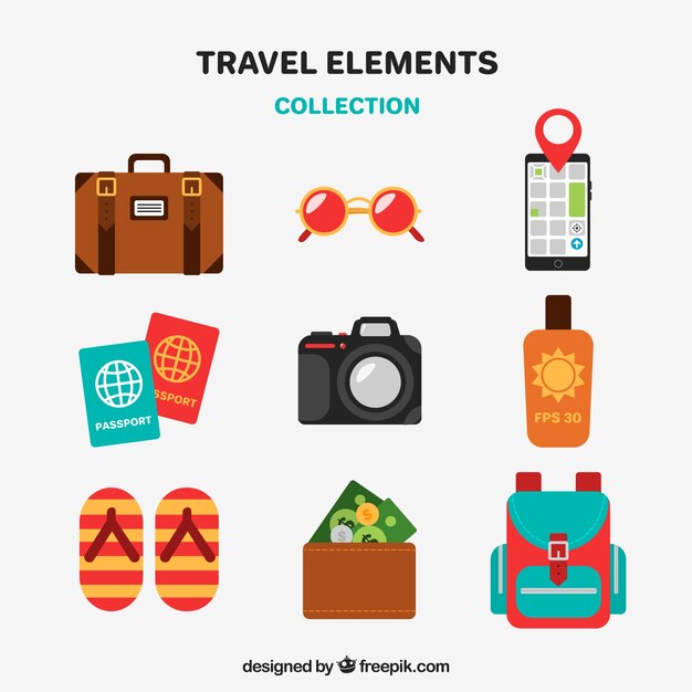 Colección de elementos de viaje en estilo plano