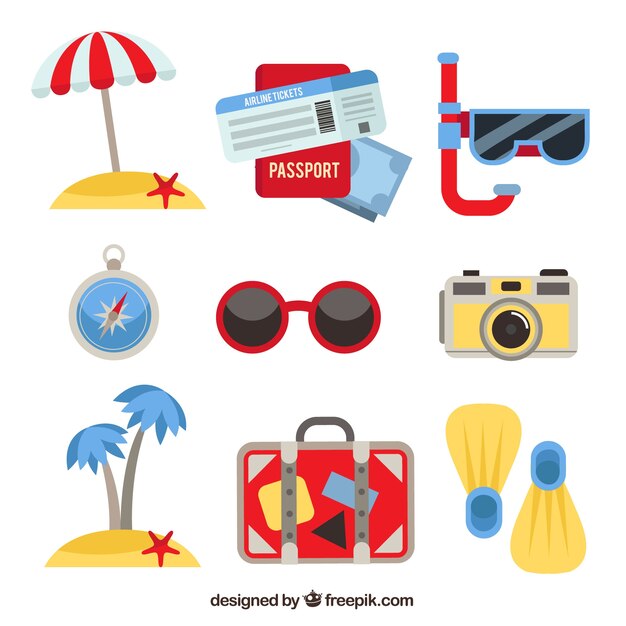 Colección de elementos de viaje de verano en diseño plano 