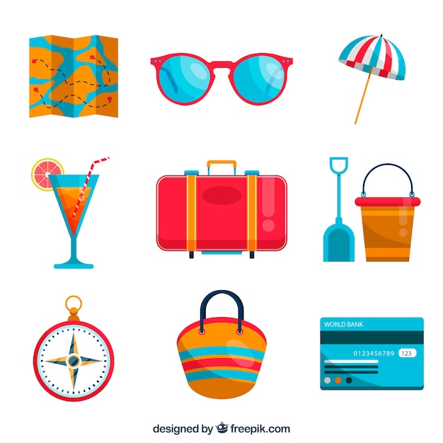 Colección de elementos de viaje de verano con diseño plano