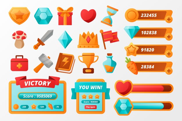 Colección de elementos de videojuegos.