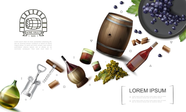 Vector gratuito colección de elementos de vinificación realista con botellas, vasos y barril de madera de racimos de uva de vino sacacorchos ilustración