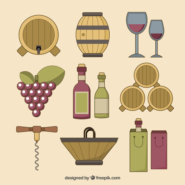 Colección de elementos de vino dibujados a mano 