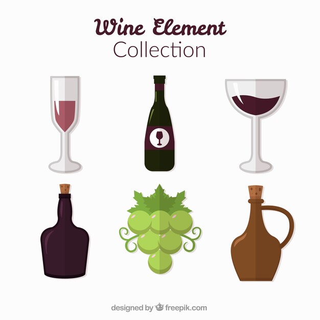 Colección de elementos de vino en diseño plano 